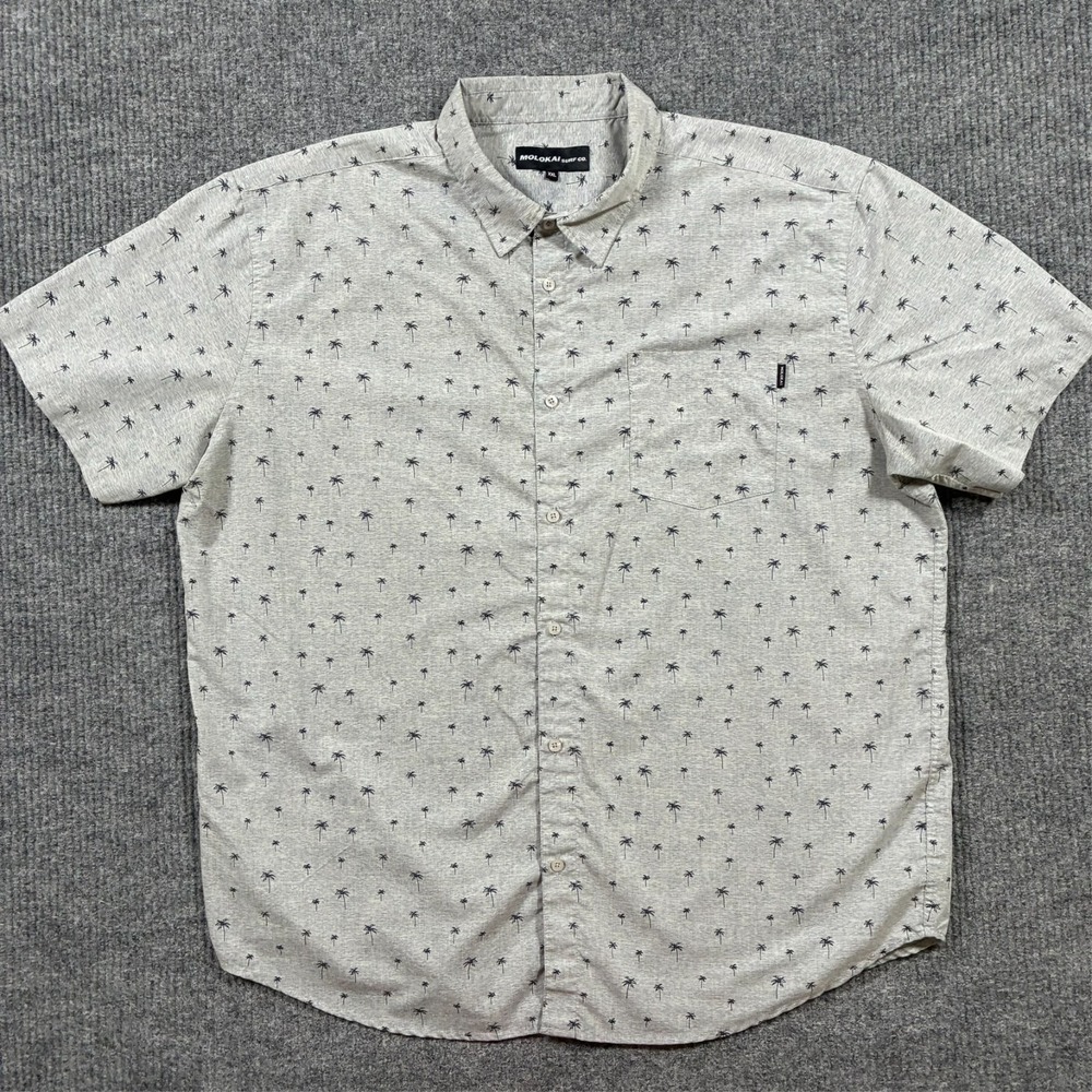Molokai Surf Co. Mens Button Up Shirt Size 2XL Gray Palm Tree Print Short Sleeve